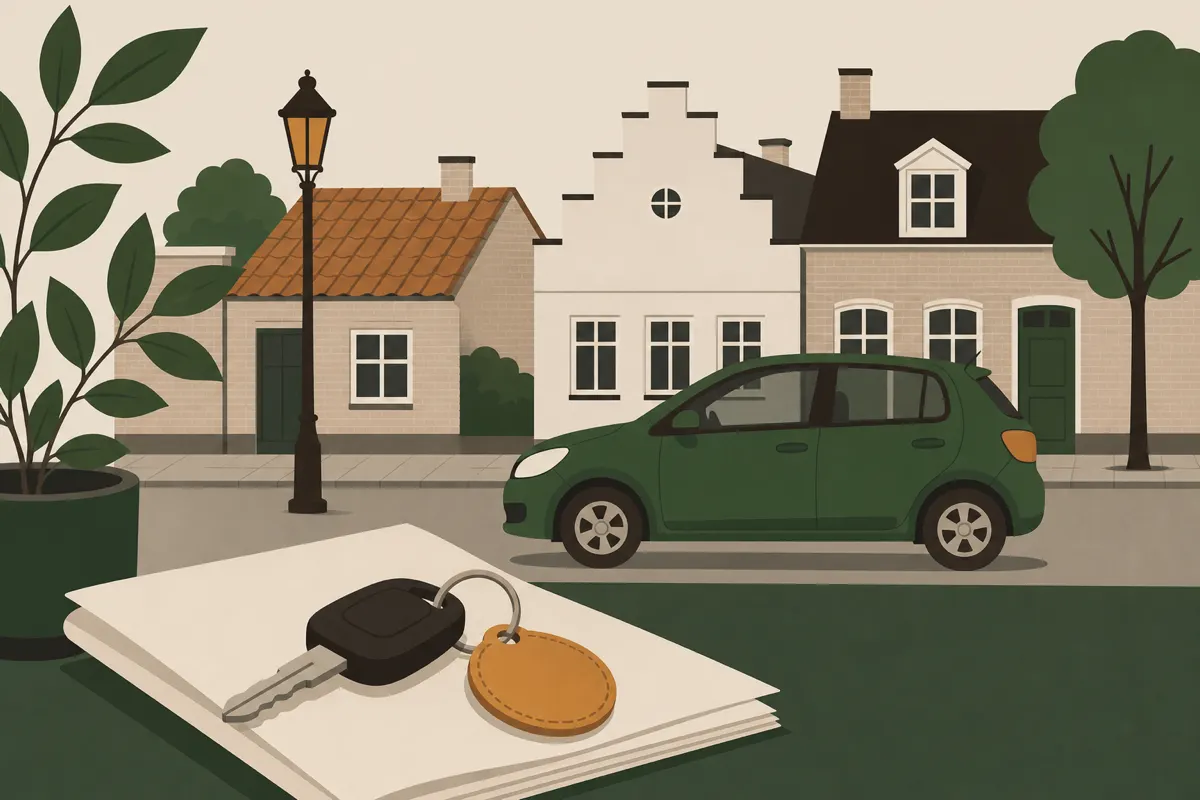 Illustration af en grøn bil på en dansk gade med en bilnøgle på en lånekontrakt i forgrunden