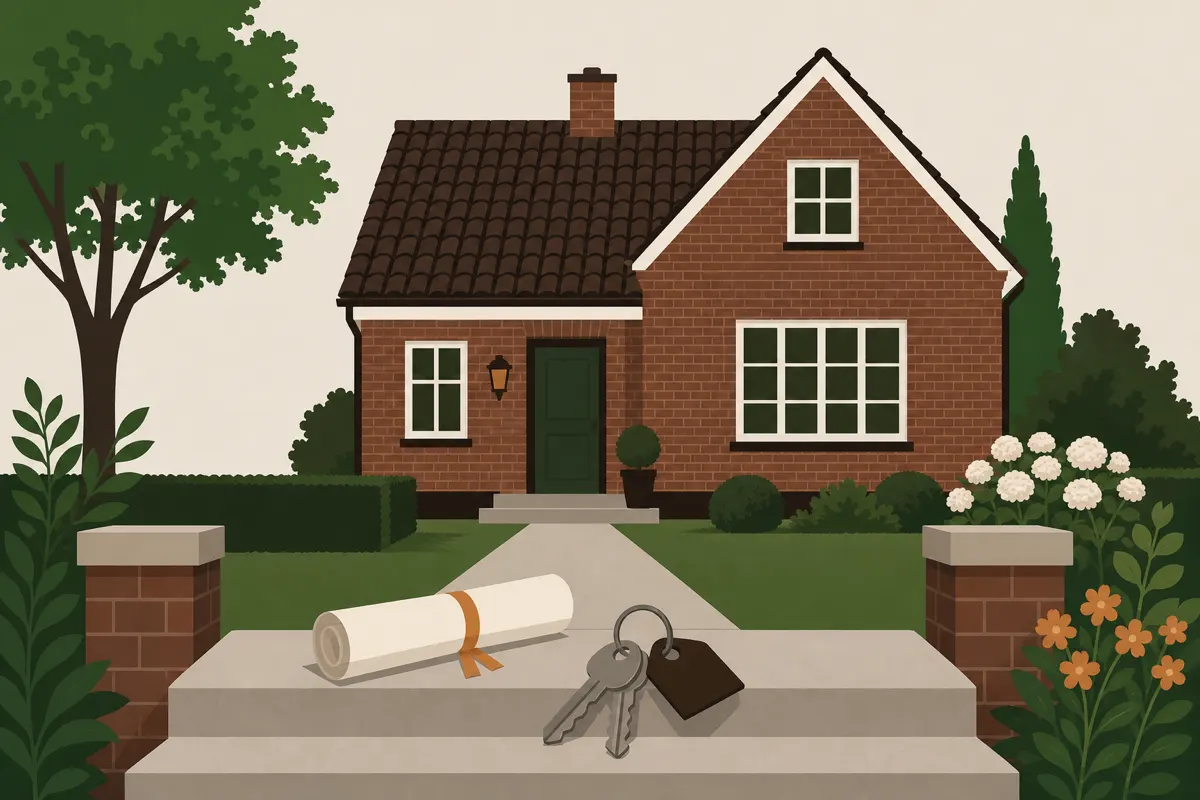 Illustration af et rødt murstenshus med have, husnøgler og et sammenrullet pantebrev på trappen
