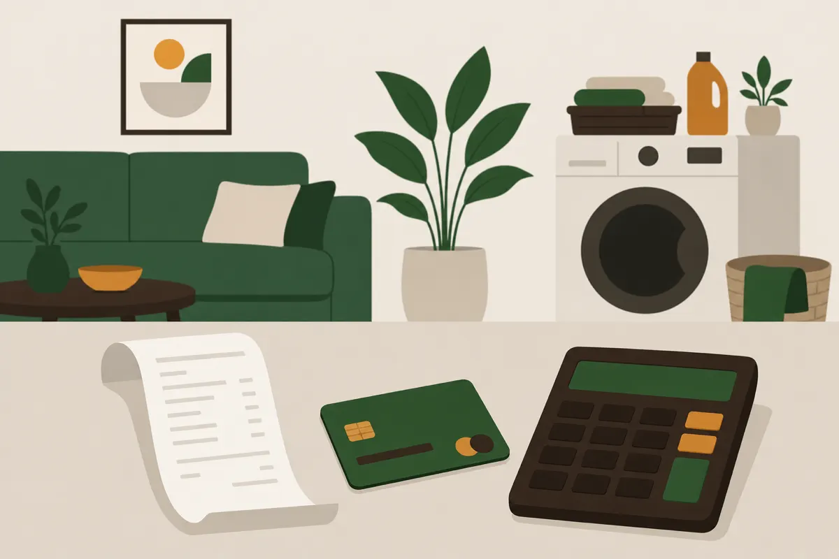 Illustration af en kvittering, et betalingskort og en lommeregner med en sofa og en vaskemaskine i baggrunden