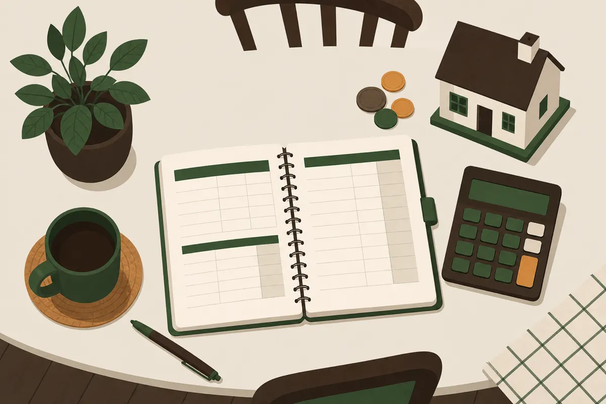 Illustration af et køkkenbord set oppefra med budgetbog, lommeregner, mønter og et lille modelhus