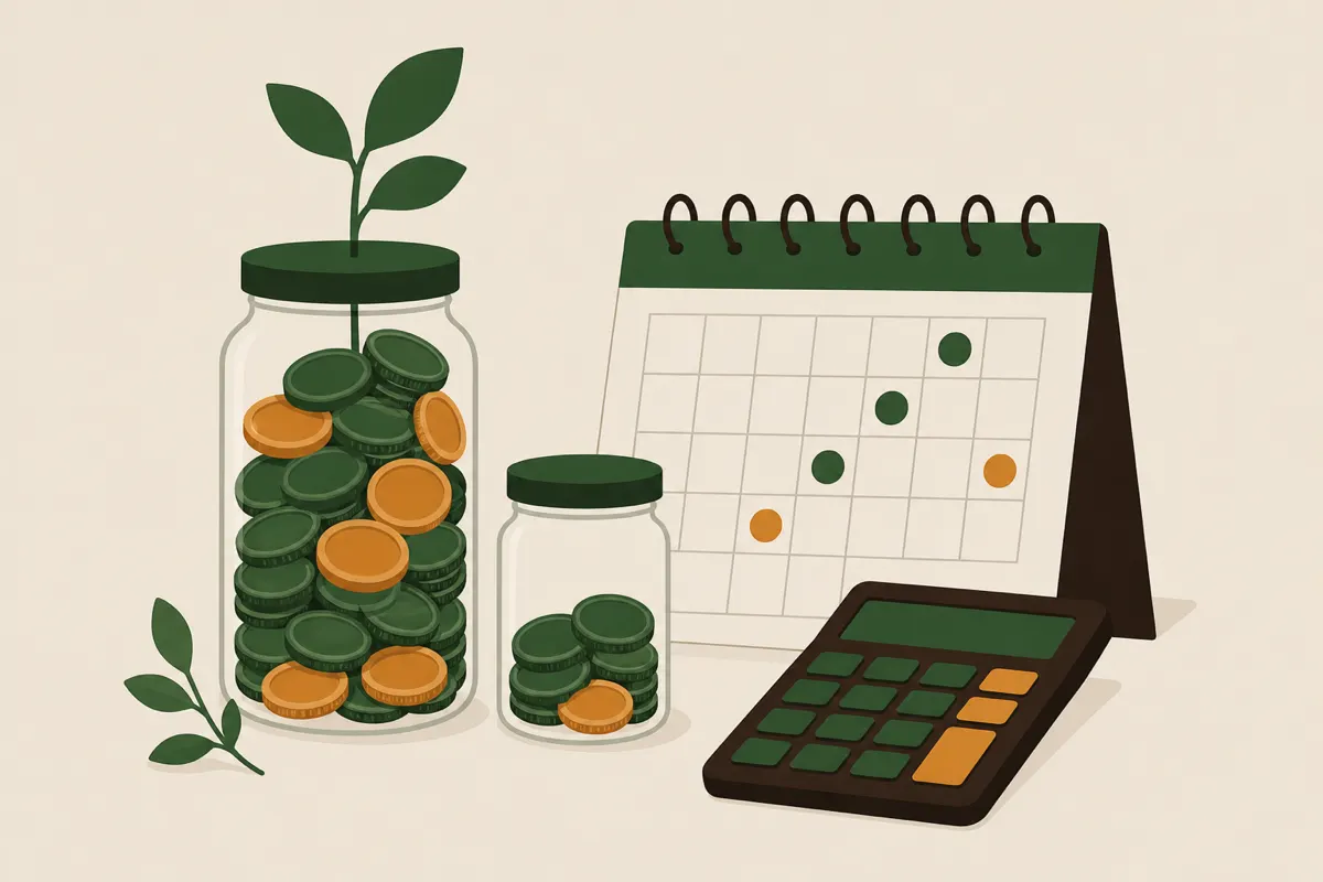 Illustration af en stor og en lille glaskrukke med mønter ved siden af en kalender og en lommeregner