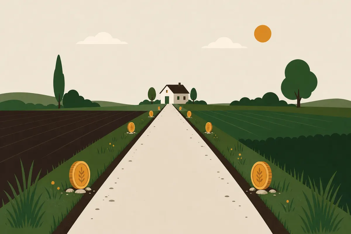 Illustration af en lang lige landevej mod et hus i horisonten med mønter langs vejkanten