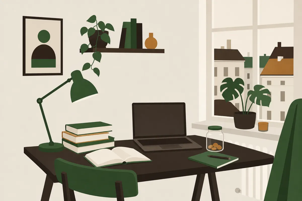 Illustration af et studiebord i en lille lejlighed med bøger, bærbar computer, lampe og en krukke med mønter